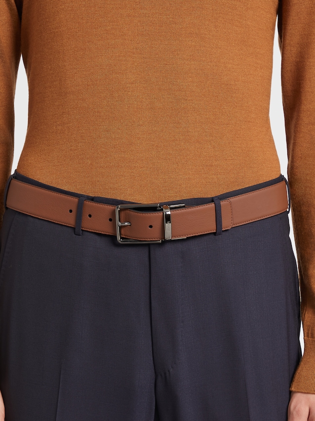 骆马红棕色光滑皮革配黑色粒面皮革双面皮带