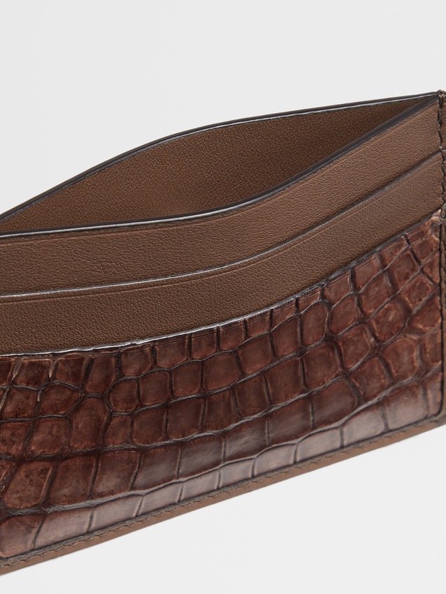 米色光滑皮革配鳄鱼皮名片夹