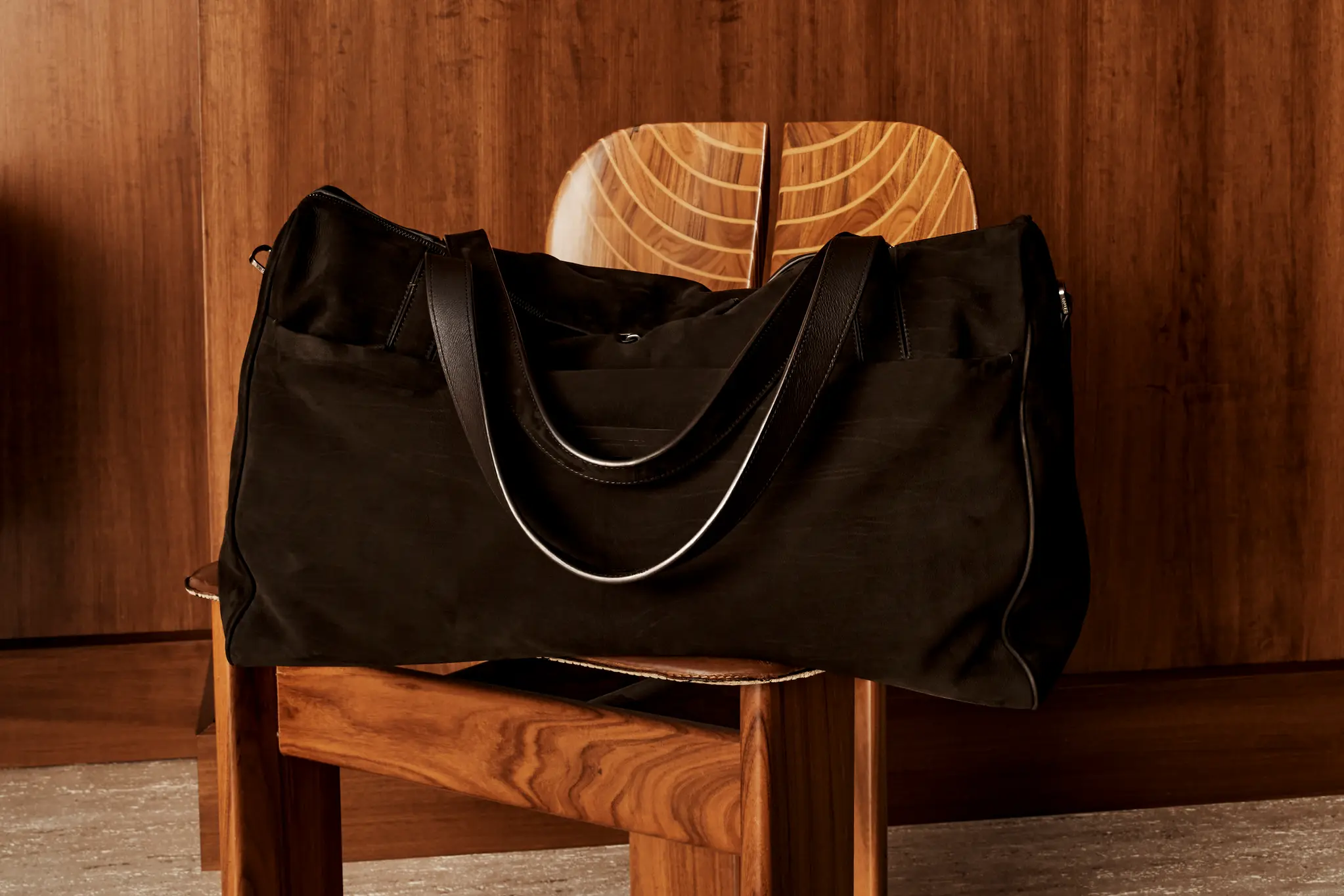 Close-up of the SECONDSKIN nubuck weekender in dark brown, from ZEGNA SS26.