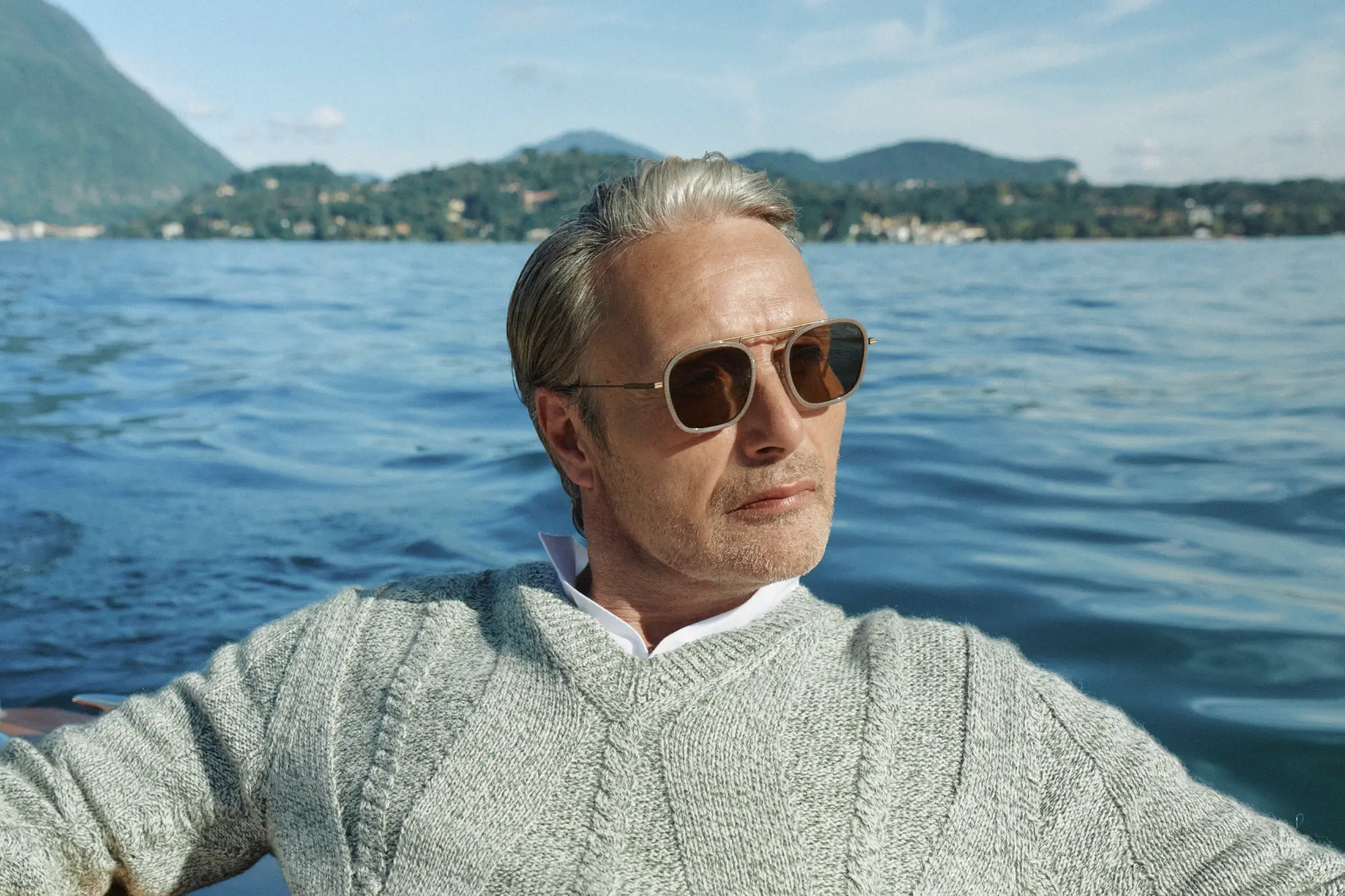 Mads Mikkelsen wearing ZEGNA sunglasses from the Spring Summer 2026 collection, styled with a refined SS26 look.