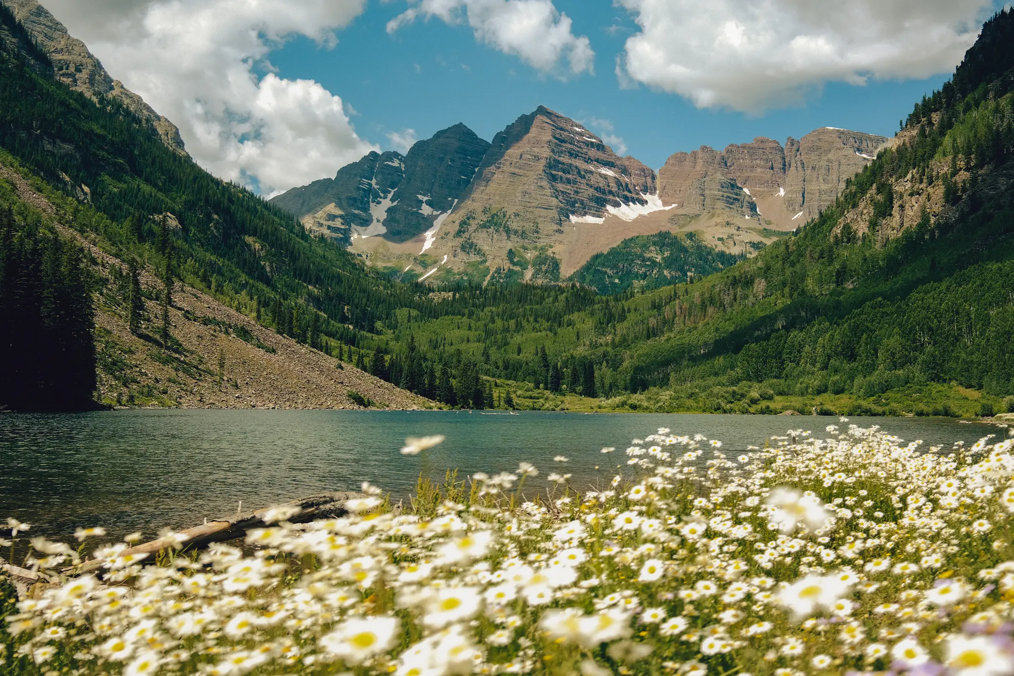 View of the Maroon Bells in Aspen, with an alpine lake, mountains, and white wildflowers in the foreground.