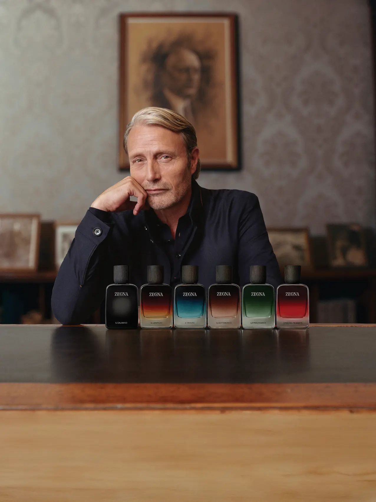 Mads Mikkelsen with ZEGNA’s new fragrance collection featuring six signature scents.