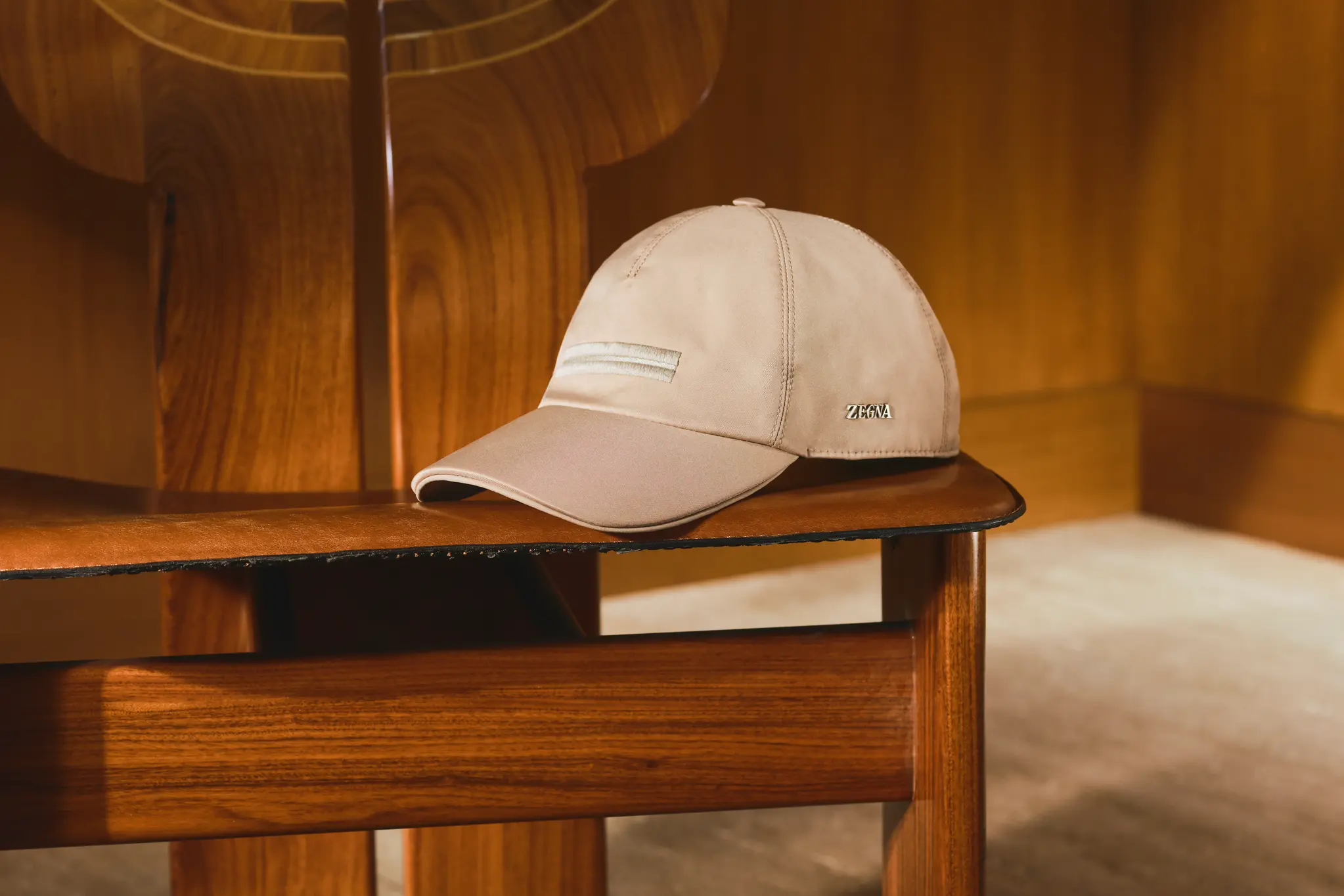 Detail of the Motorin baseball cap in beige technical fabric with tonal stitching, from the ZEGNA Fall/Winter 2026 collection.