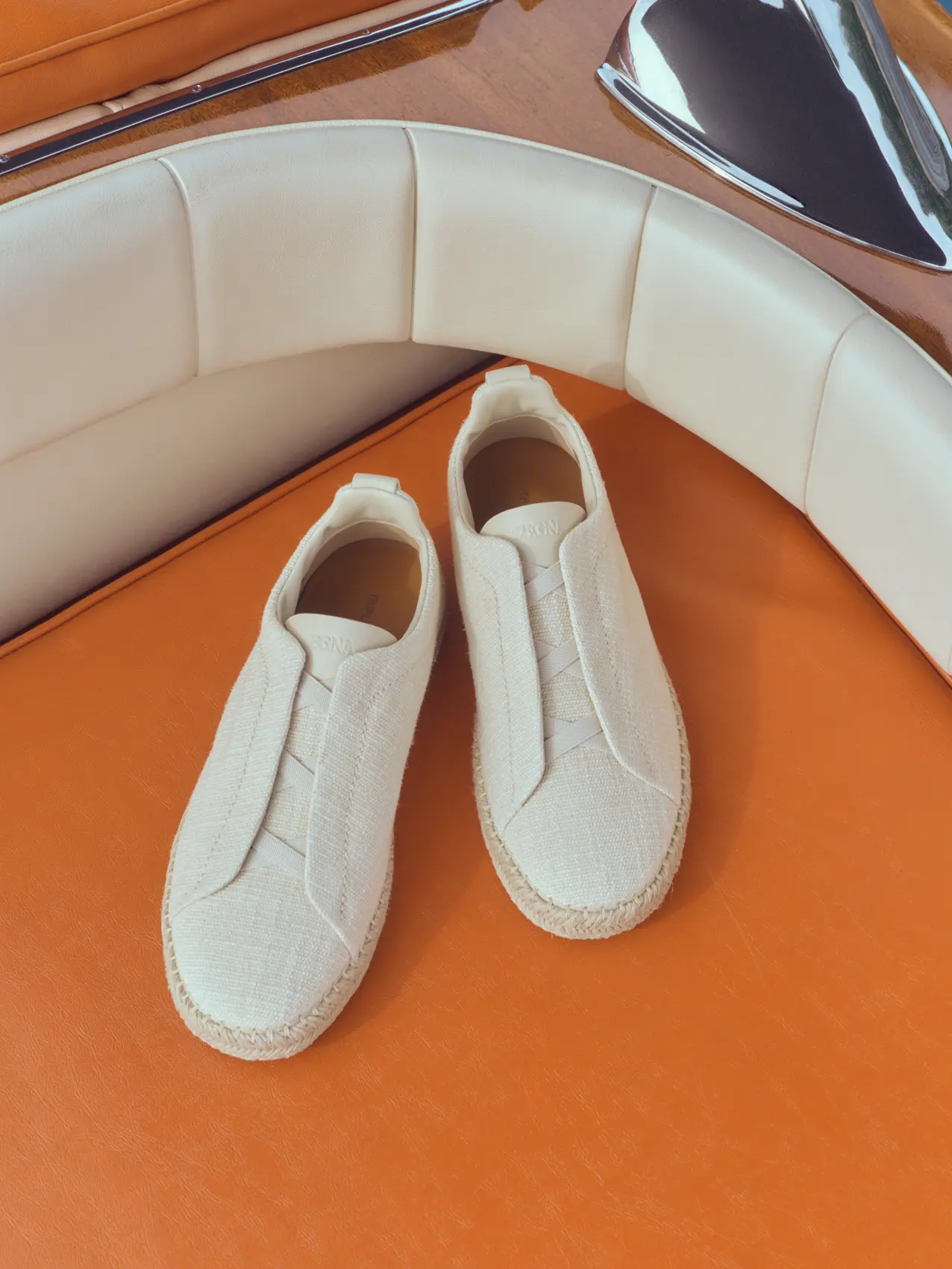 Close-up of ZEGNA Triple Stitch espadrilles in linen from the Spring Summer 2026 collection