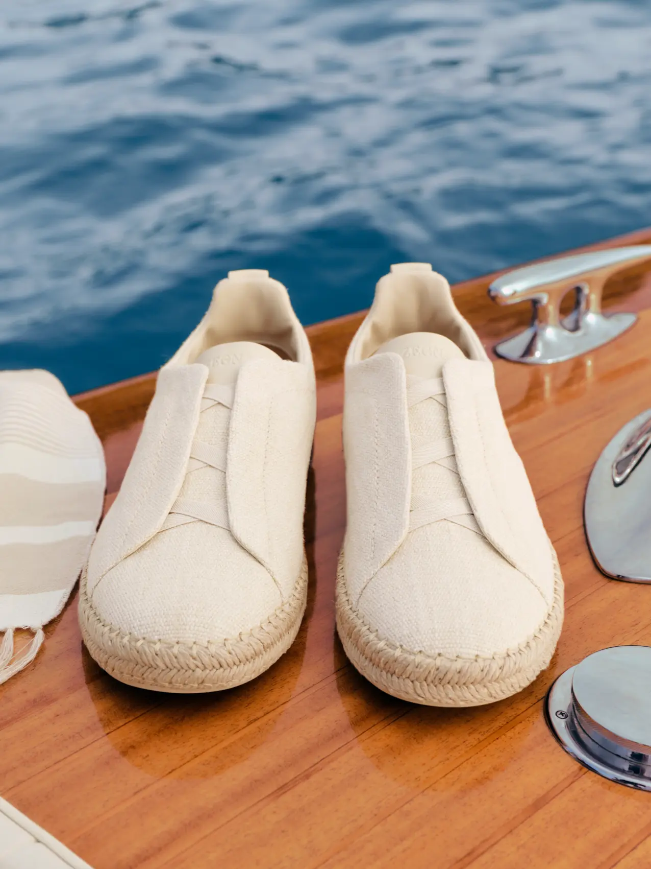 Close-up of ZEGNA Triple Stitch espadrilles in linen from the Spring Summer 2026 collection.