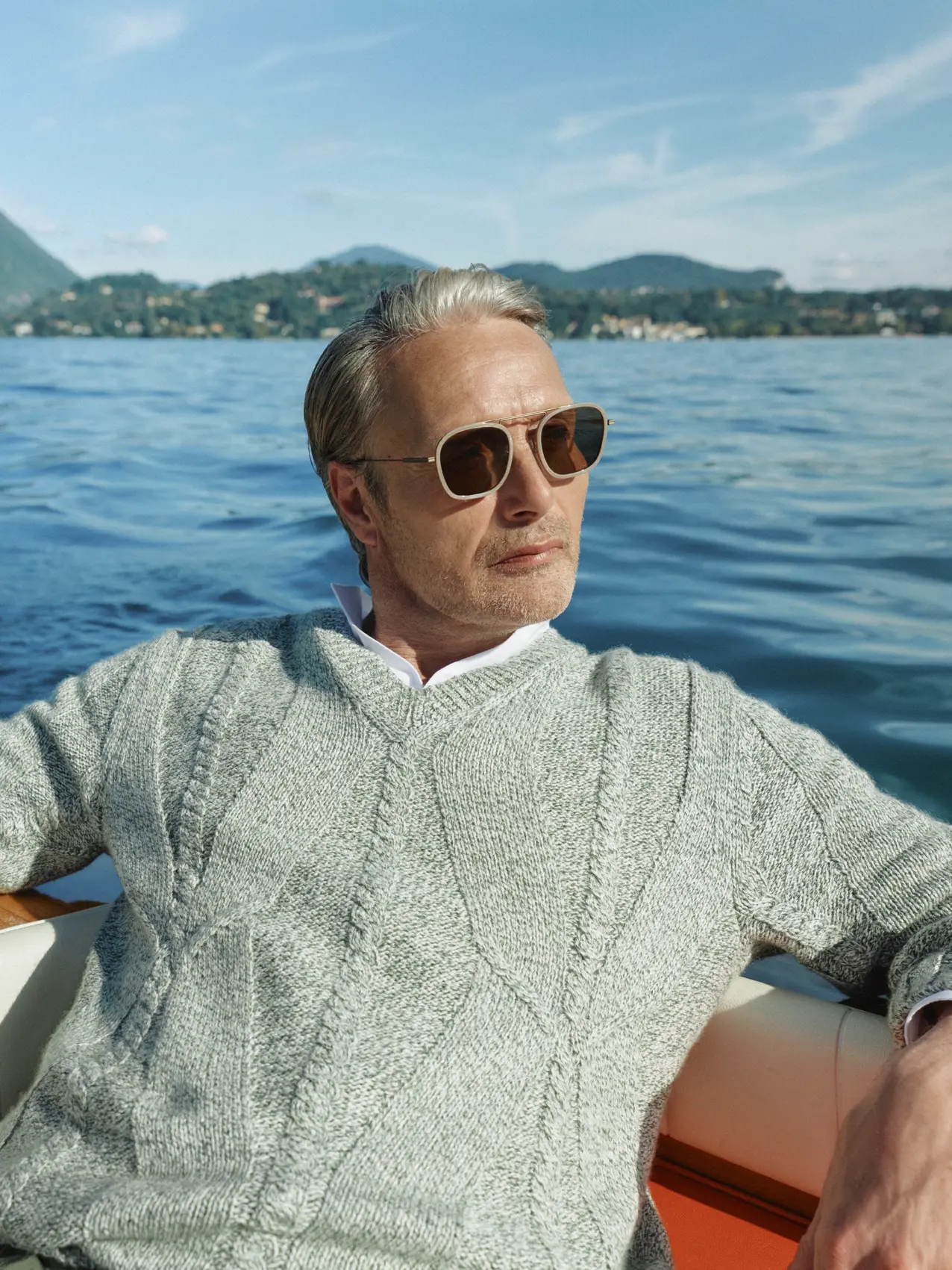 Mads Mikkelsen wearing ZEGNA sunglasses from the Spring Summer 2026 collection, styled with a refined SS26 look.