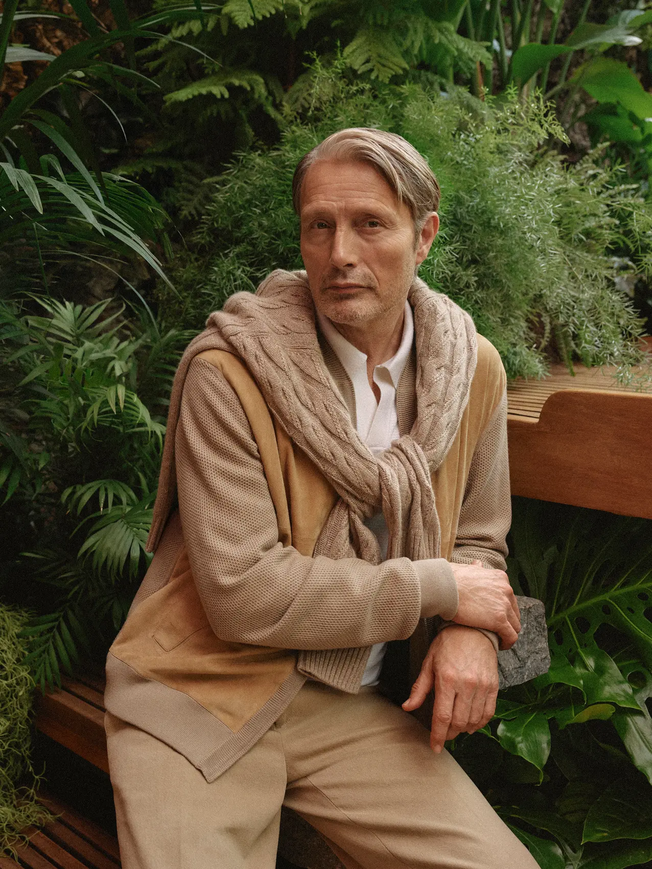Mads Mikkelsen wearing a cashmere bomber and a lightweight knitwear crew neck from the ZEGNA SS26 collection.