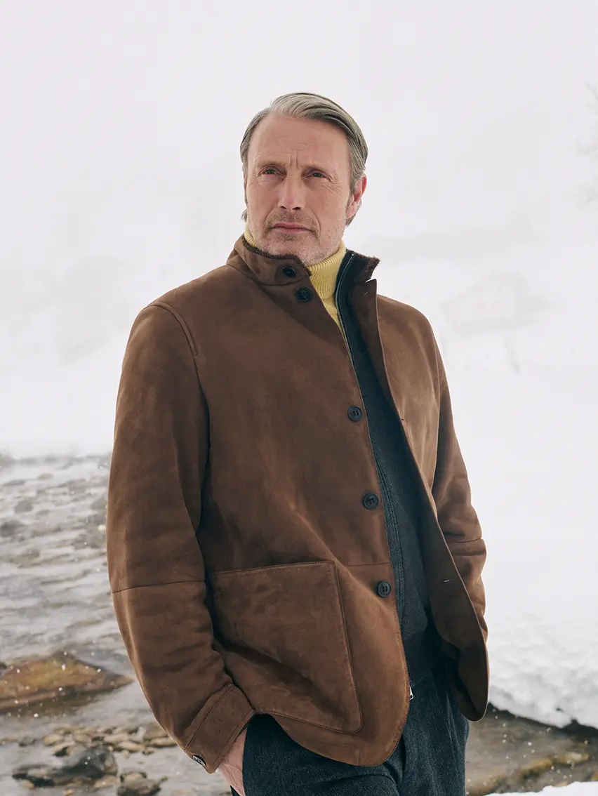 Mads Mikkelsen wearing a ZEGNA winter look featuring a Conte jacket.