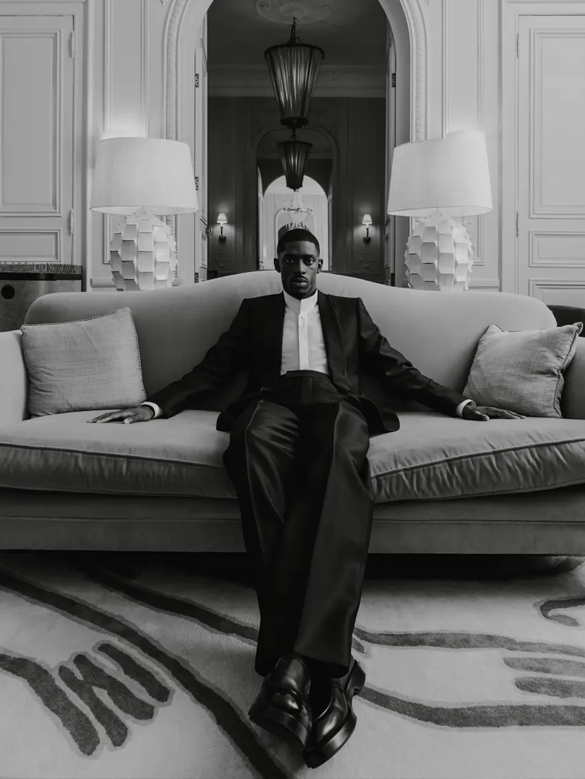 Ousmane Dembélé posing in a custom-made ZEGNA tuxedo designed for the Ballon d’Or ceremony.