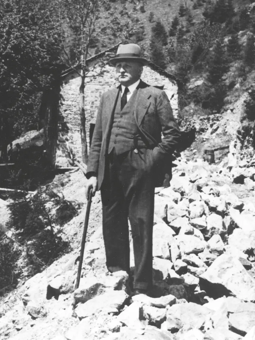 Vintage photo of Ermenegildo Zegna, founder of the ZEGNA brand, in Oasi Zegna, the natural territory in the Italian Alps.