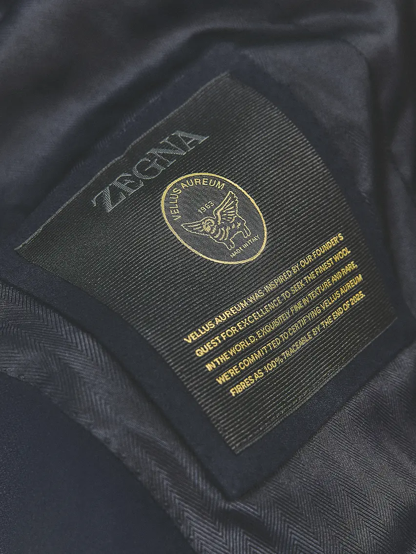 ZEGNA Vellus Aureum wool logo stitched inside jacket lining.
