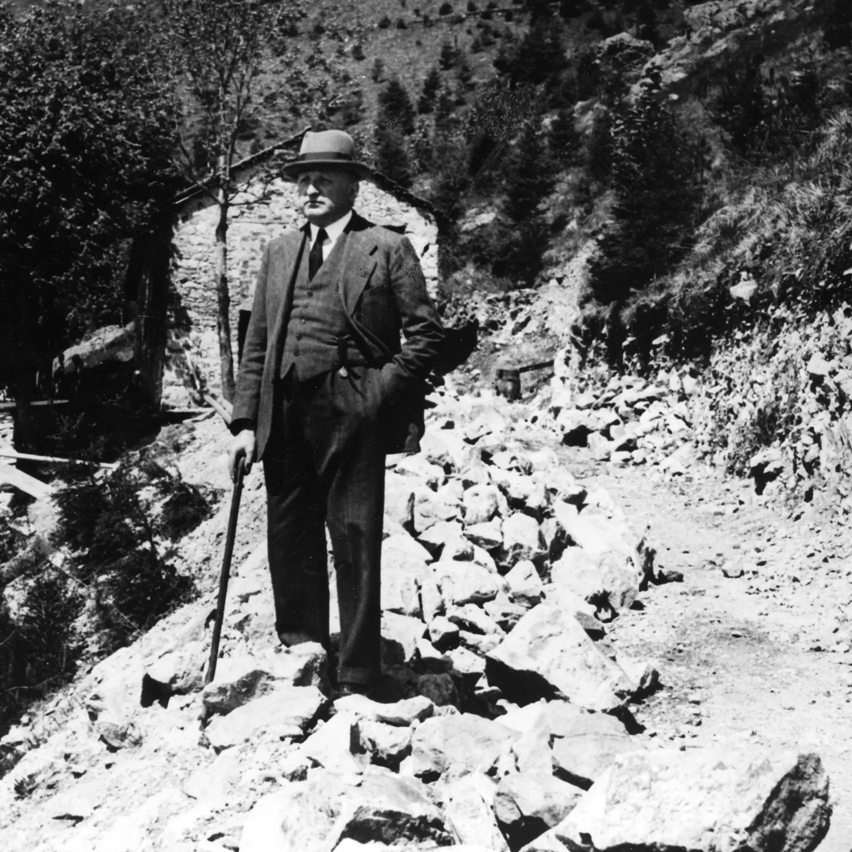 Vintage photo of Ermenegildo Zegna, founder of the ZEGNA brand, in Oasi Zegna, the natural reserve in the Italian Alps.