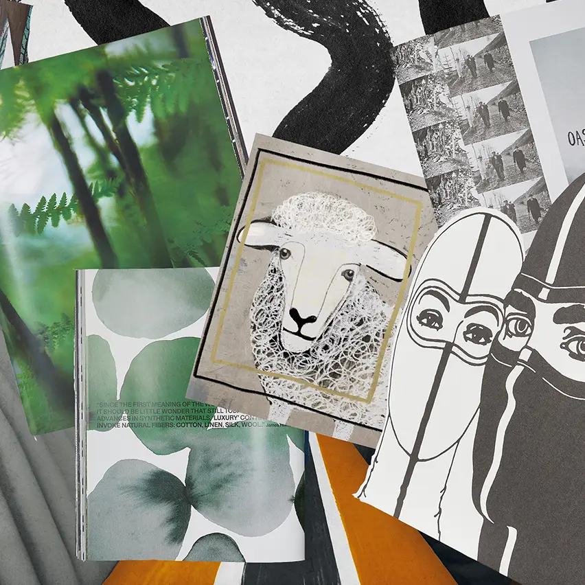 Artistic collage with nature photos, abstract leaves, a sheep illustration, and masked figures.