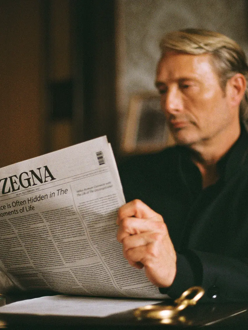 Mads Mikkelsen 身穿 ZEGNA 裝束看報紙。
