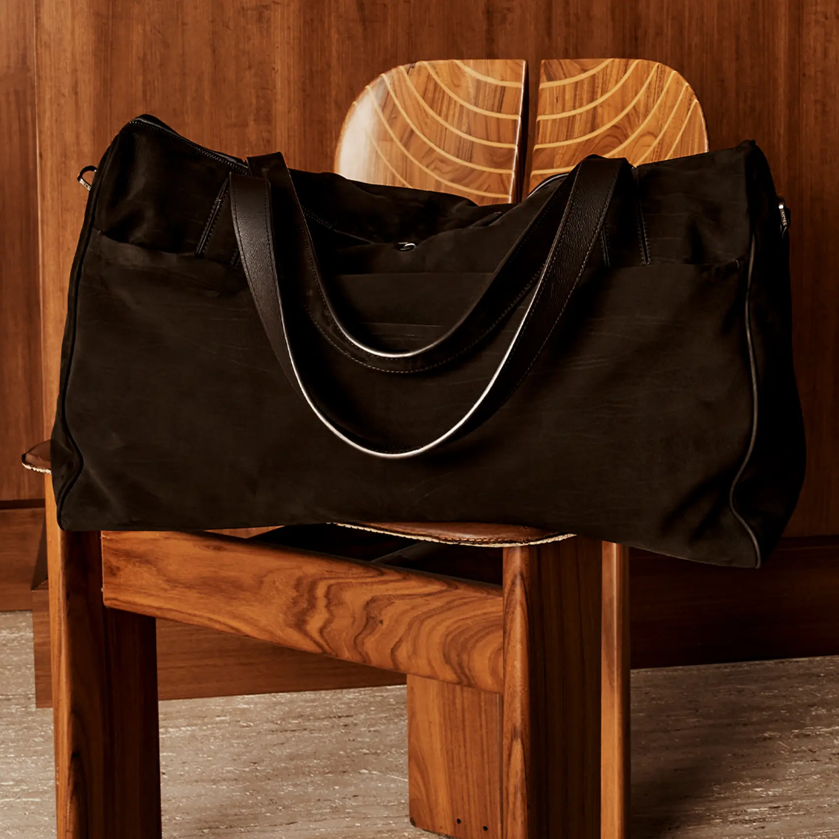 Close-up of the SECONDSKIN nubuck weekender in dark brown, from ZEGNA SS26.