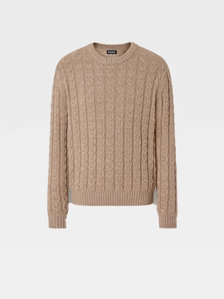 米色混色麻布山羊絨絲質圓領衫