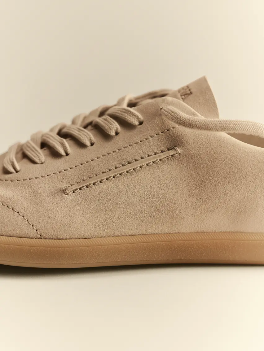 Close-up of a detail of the 232 suede sneakers from the ZEGNA SS26 collection.