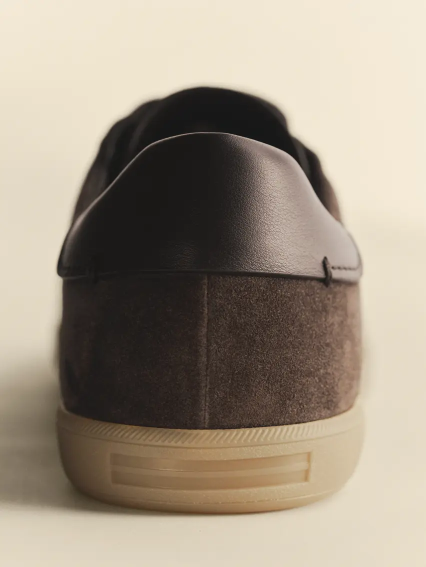 Close-up of a detail of the 232 suede sneakers from the ZEGNA SS26 collection.