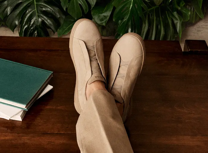 Close-up of Triple Stitch™ SECONDSKIN NUBUCK, from the ZEGNA SS26 collection.