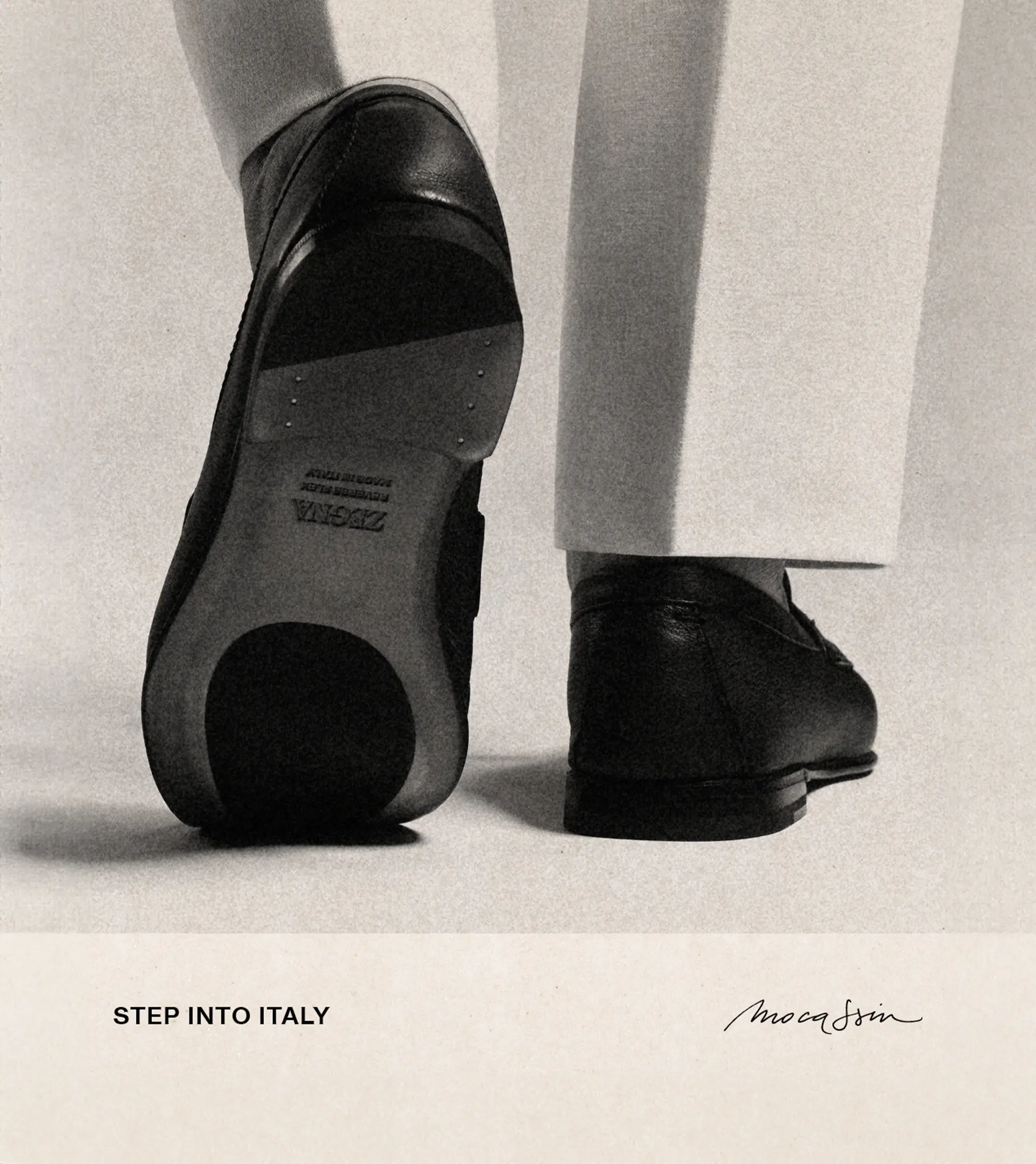 ZEGNA(杰尼亚)Mocassin 乐福鞋的动态后视图,展现了鞋底和精湛工艺。