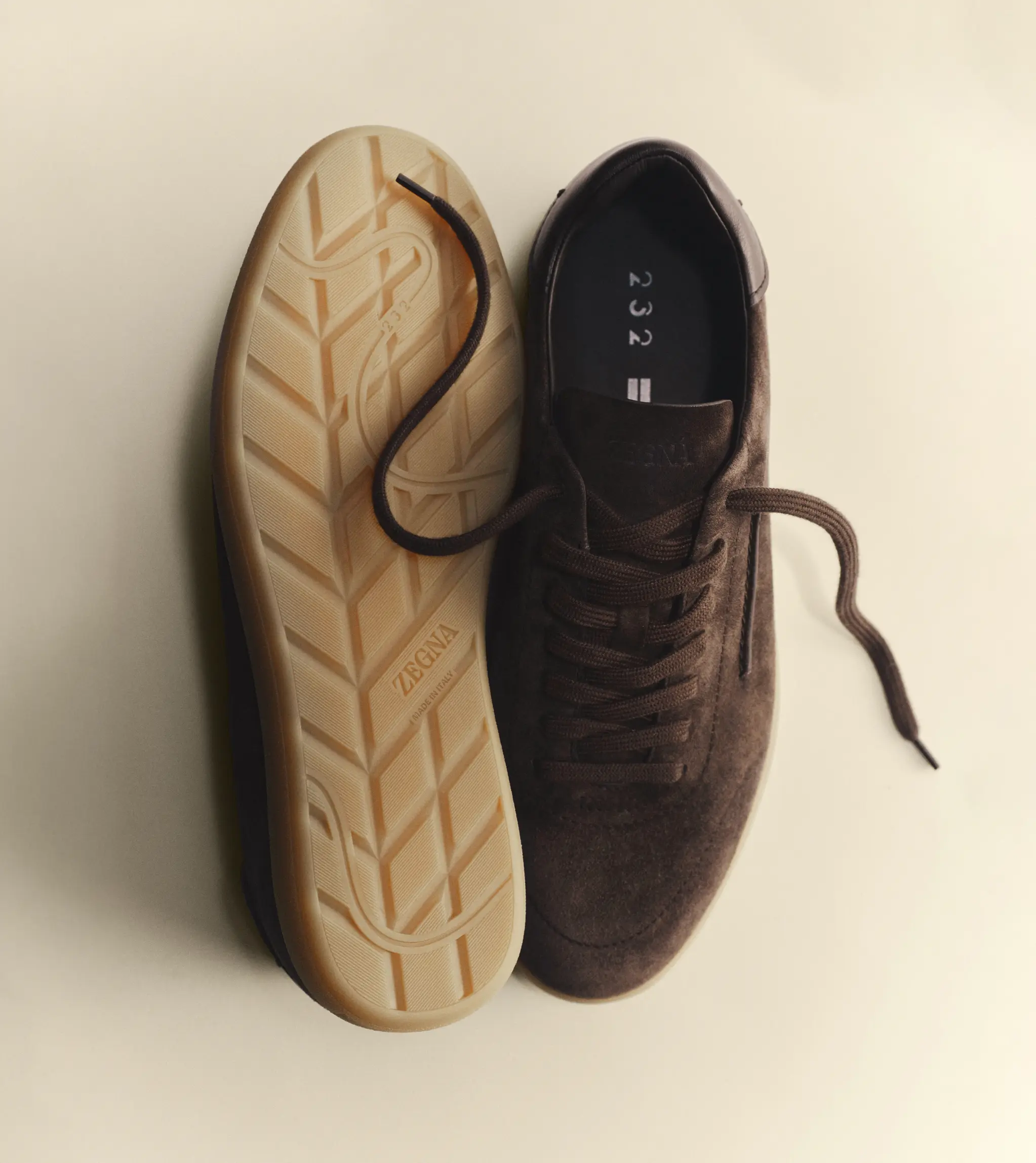 232 suede sneakers in the ZEGNA Corteccia Oasi color, part of the Spring Summer 2026 collection.
