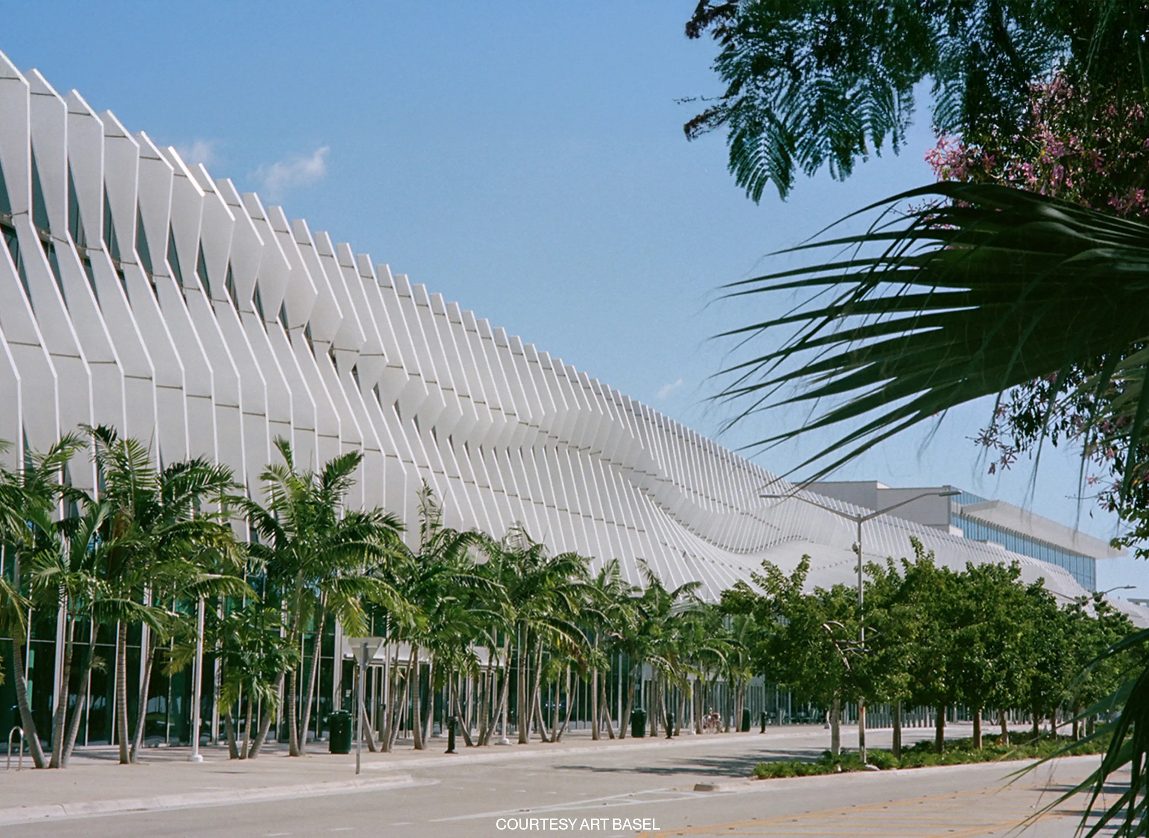Exterior view of the Miami Beach Convention Center surrounded by palm trees.