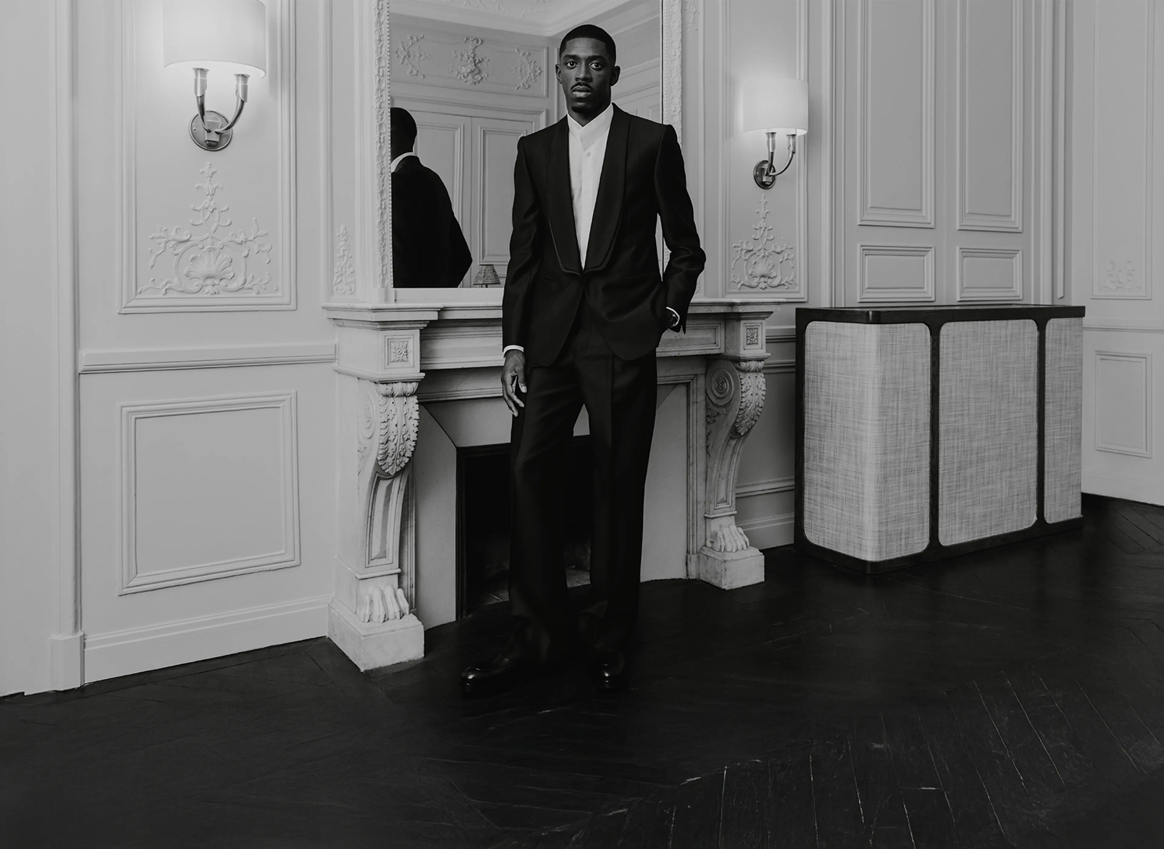 Ousmane Dembélé posing in a custom-made ZEGNA tuxedo designed for the Ballon d’Or ceremony.