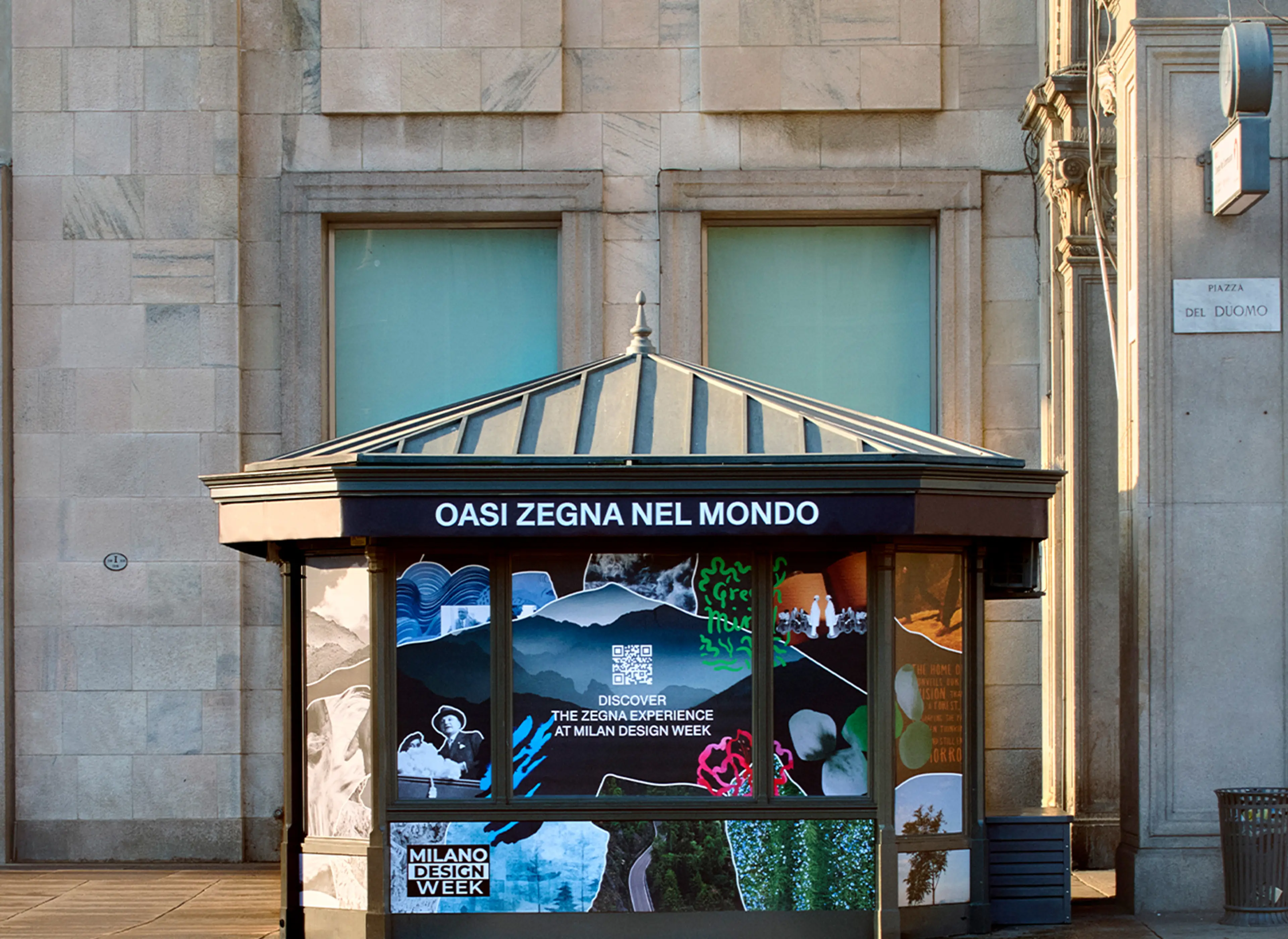米蘭設計週期間，米蘭大教堂廣場上，印有 ZEGNA 標誌的報攤。