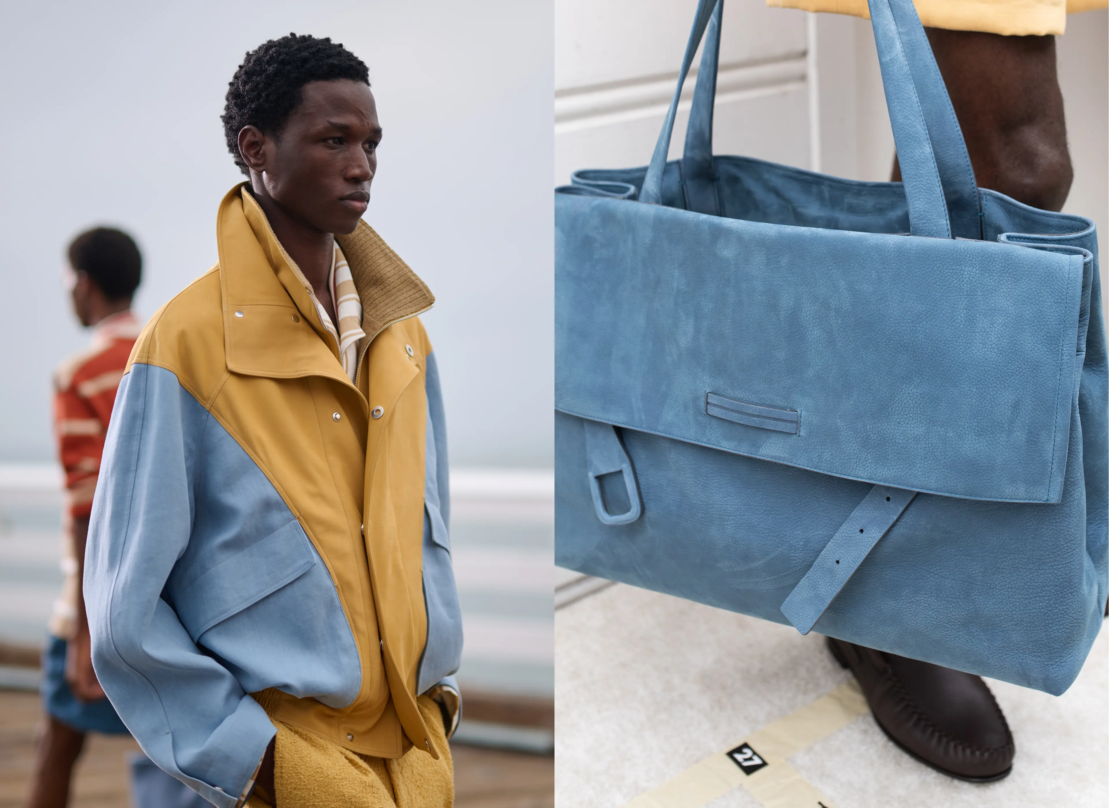 Model wearing a blue and yellow jacket and close-up of a blue bag  - ZEGNA Fashion Show Summer 2027.