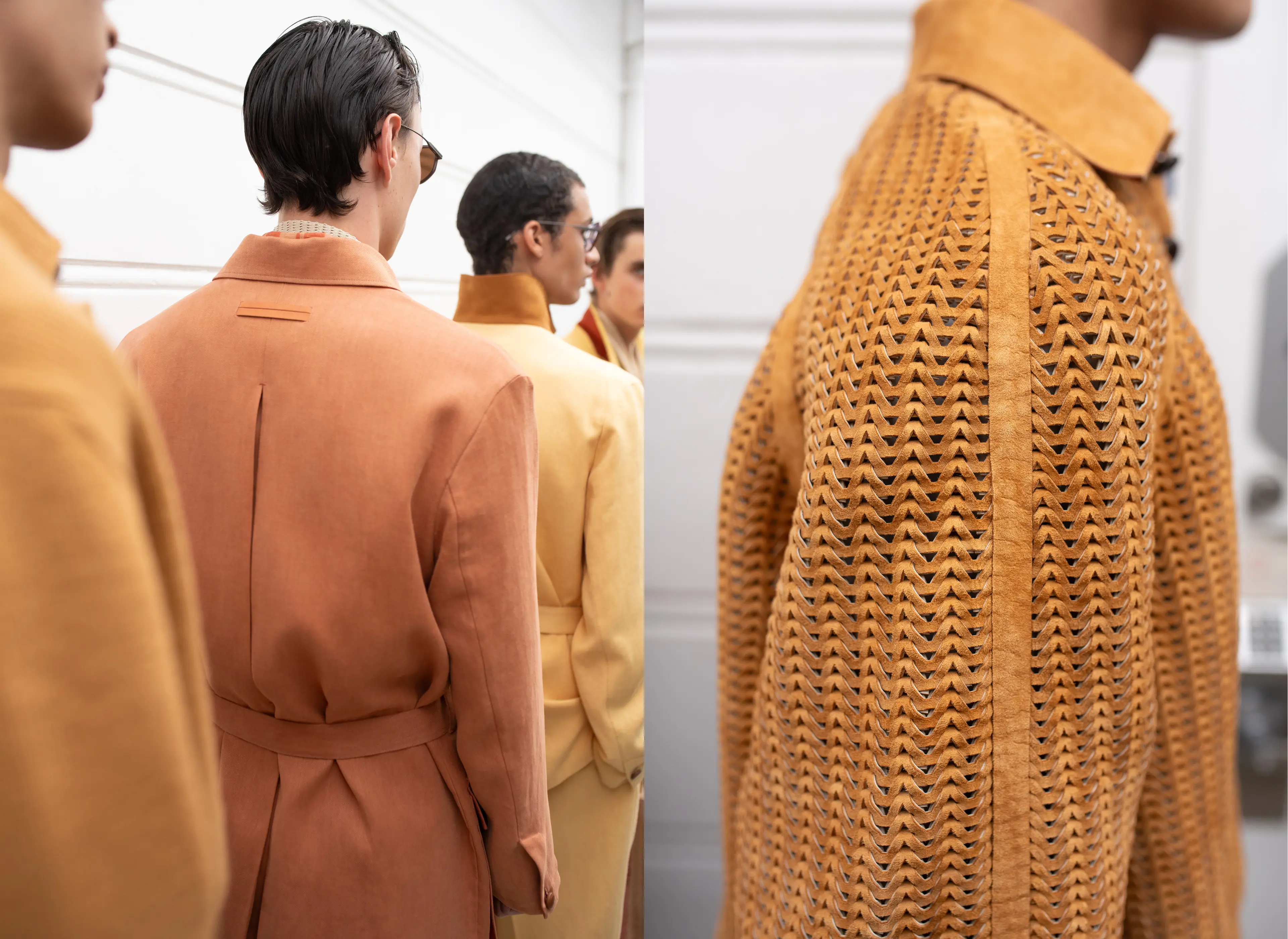 Models with colorful jackets in a row and detail of a jacket- ZEGNA Fashion Show Summer 2027.