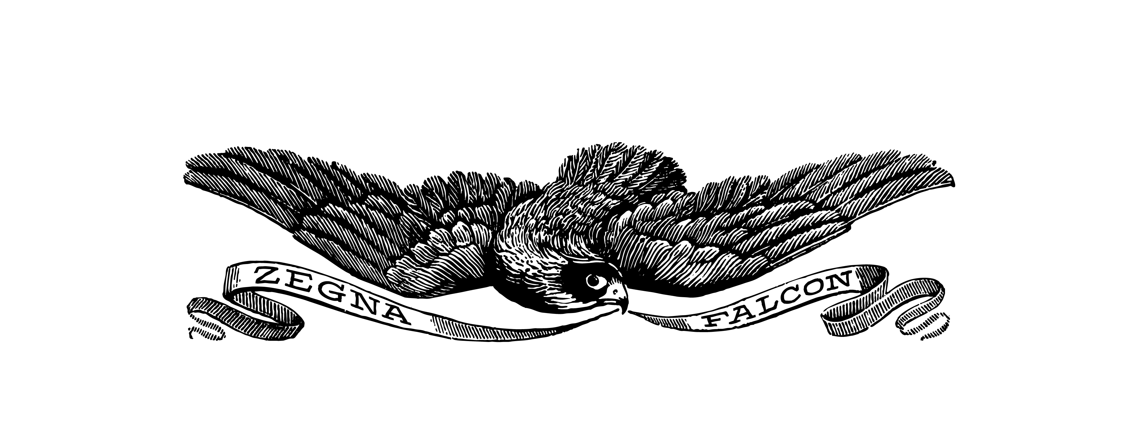 Zegna Falcon 雕刻標誌，飾有獵鷹及絲帶橫幅。