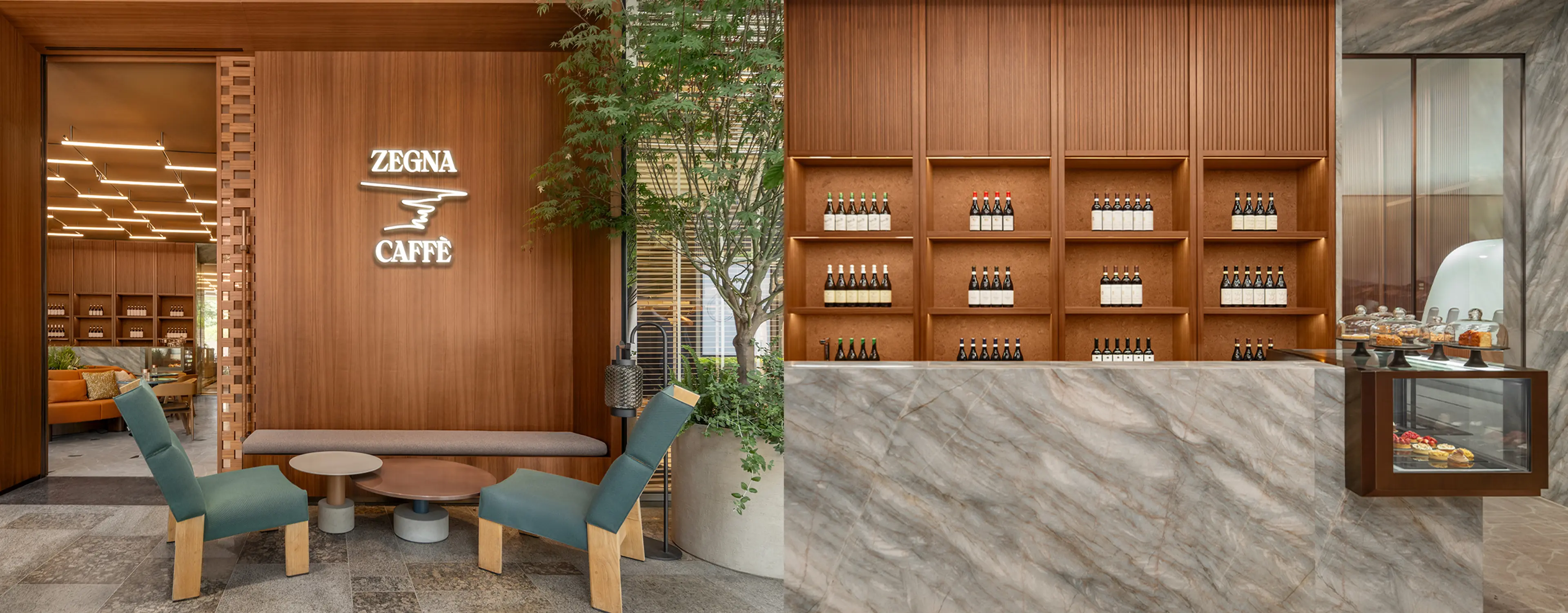The interior of the ZEGNA Café in Shanghai, featuring shelves displaying bottles and decorative items, along with wooden paneling.