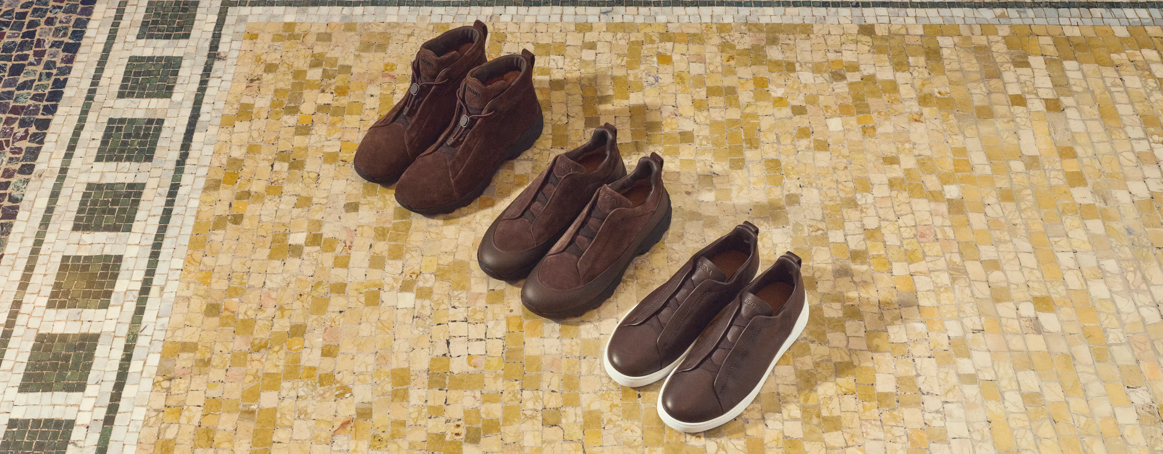 New season ZEGNA men’s Triple Stitch low top, Monte and Vetta sneakers.
