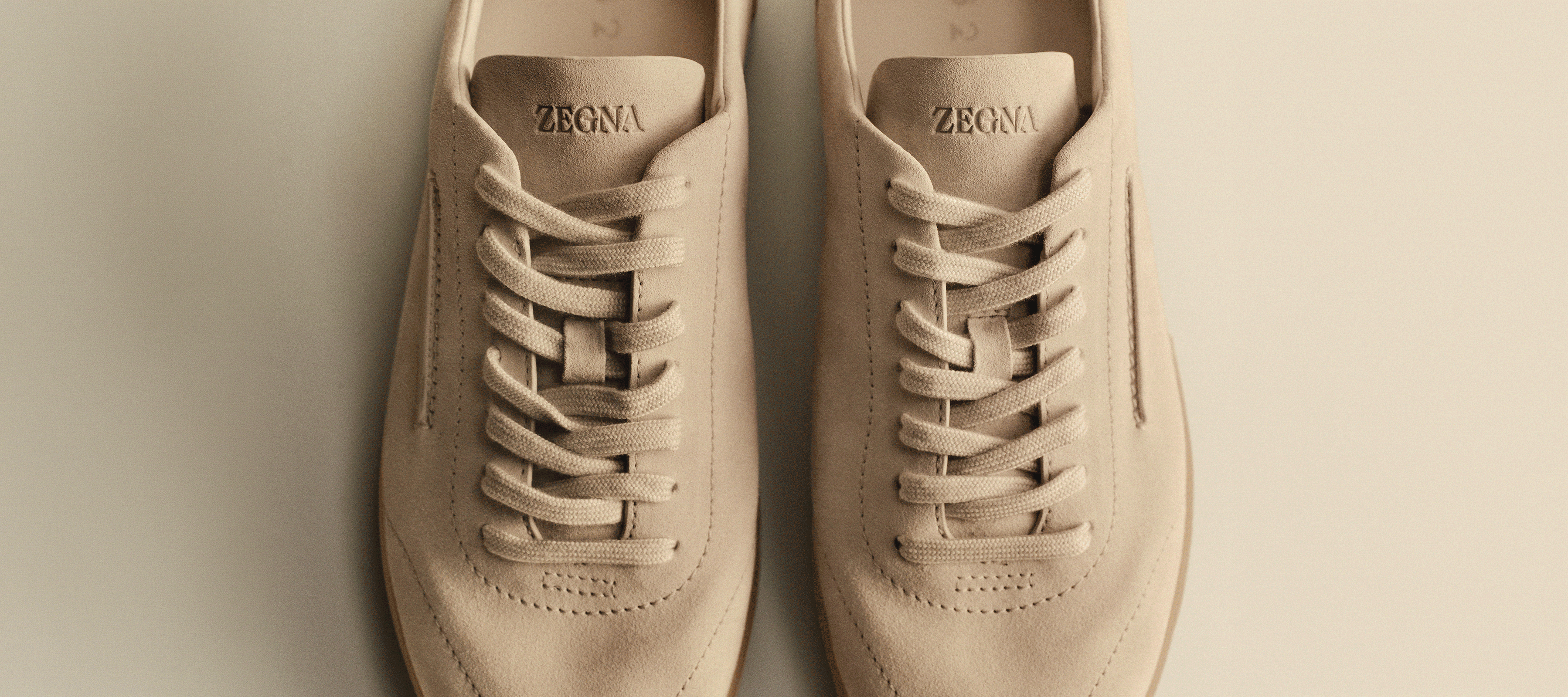 Close-up of a detail of the 232 suede sneakers from the ZEGNA SS26 collection.