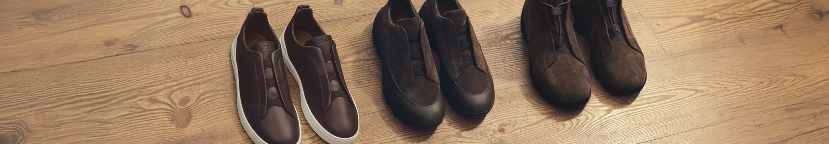 ZEGNA（杰尼亚）2025 年秋冬系列男士 Monte 运动鞋、Triple Stitch 运动鞋和 Vetta 靴子特写。