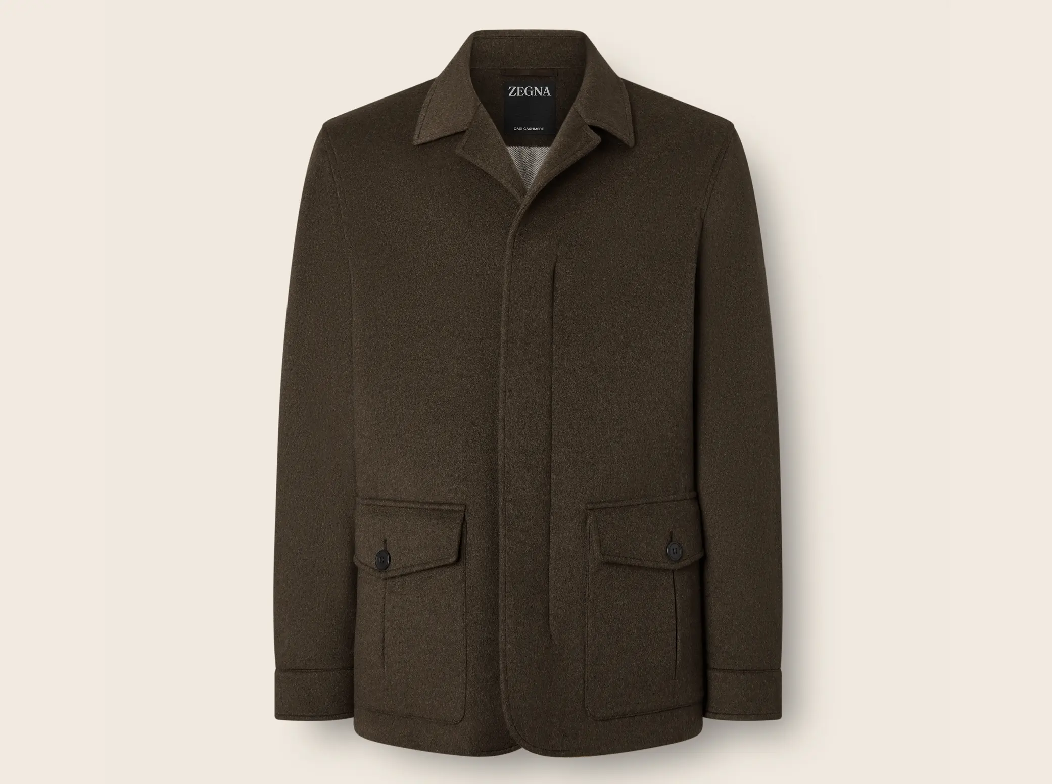 Front view of Oasi Cashmere Falcon Jacket in dark olive green from ZEGNA Fall/Winter 2026 collection.
