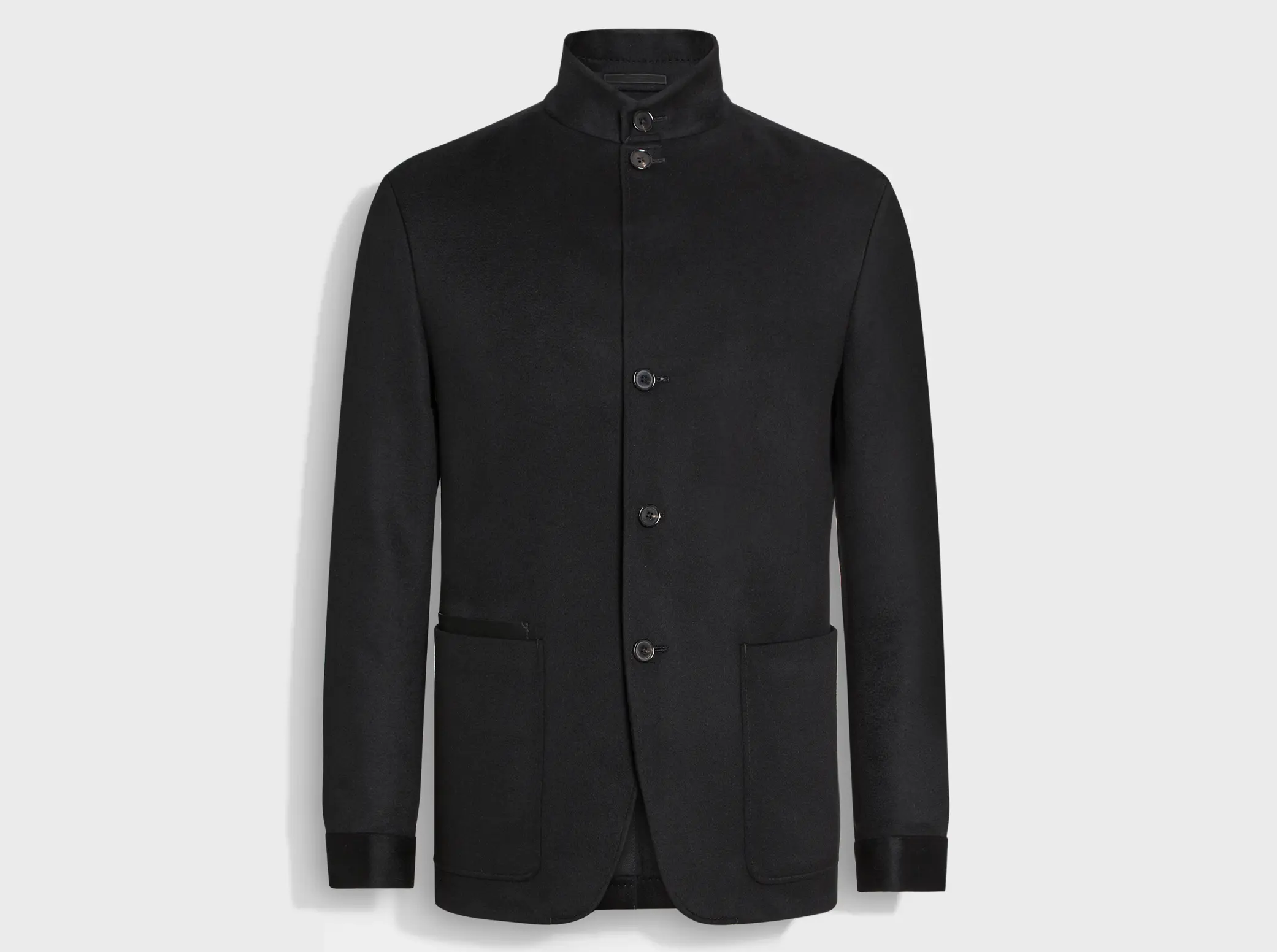 Il Conte men's jacket by ZEGNA in black, with a high collar, four buttons, and two large front pockets.