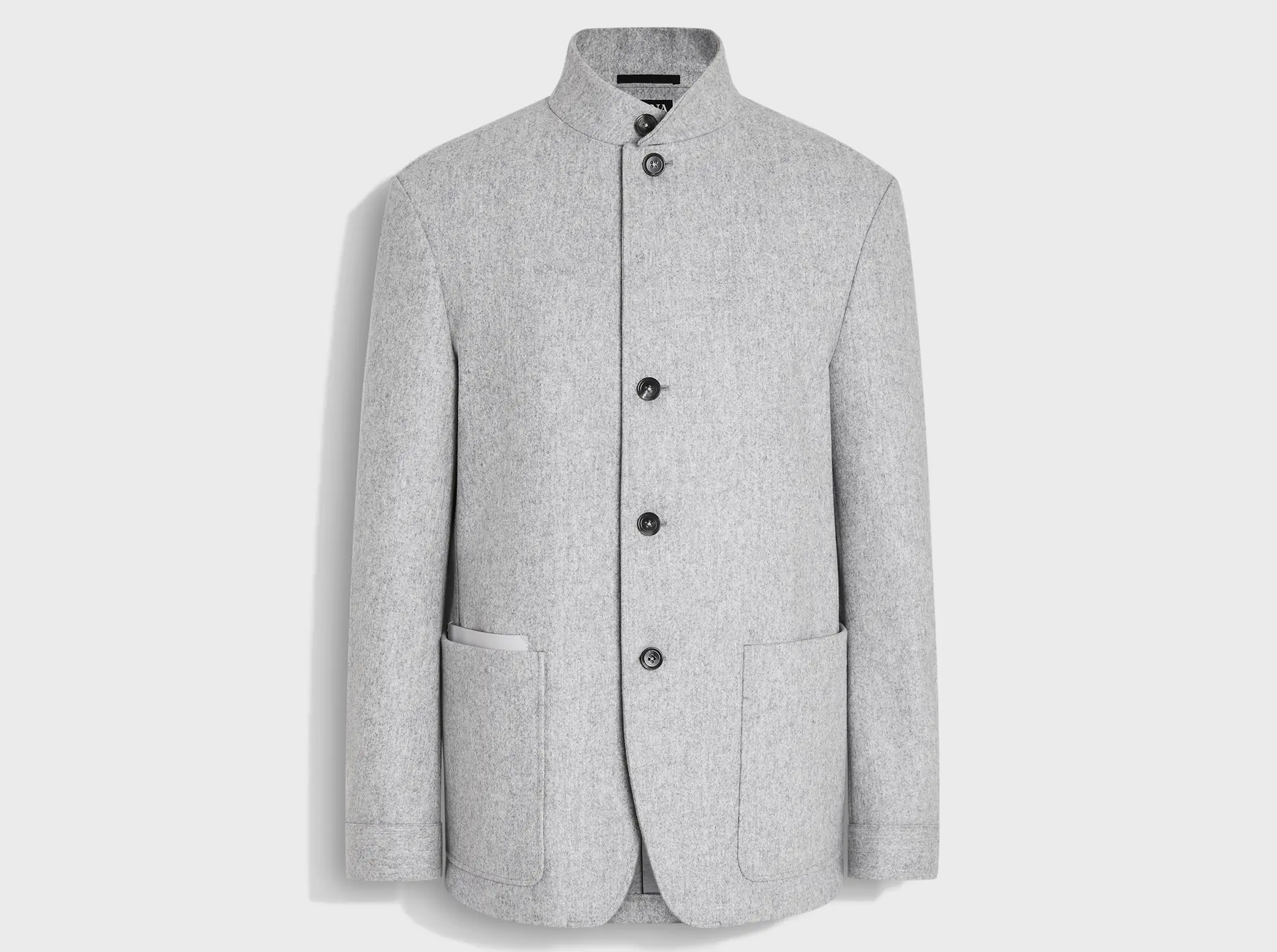 Il Conte men's jacket by ZEGNA in gray cashmere, with a high collar, four buttons, and two large front pockets.